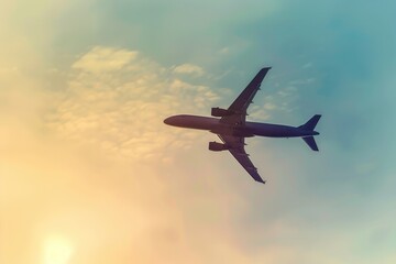 Poster - A minimalistic silhouette of an airplane soaring through a cloudy sky at sunset. The image features a clean, sleek design, perfect for airlines and flight booking agencies. Generative AI