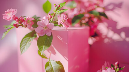 Wall Mural - Spring flowers and leaves coming out of pink box Spring nature concept Season background idea : Generative AI