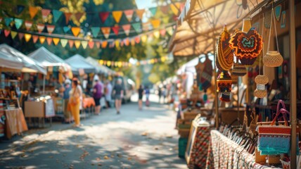 outdoor market with colorful crafts and blurred people in background