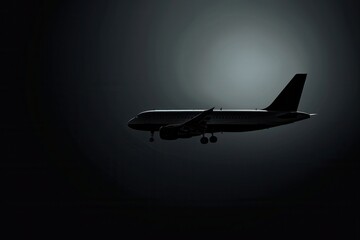 Poster - A minimalistic silhouette of a commercial airplane in flight against a dark sky. Perfect for airlines and flight booking agencies. Generative AI