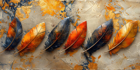 panel wall art, wall decoration, marble background with feather designs