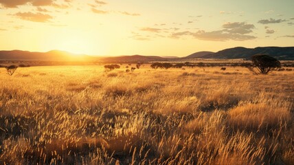 Wall Mural - golden sunset over serene grassland with scattered trees and hills in distance