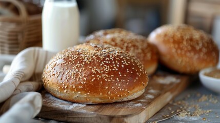 Wall Mural - Breakfast with freshly baked round sesame bread and milk