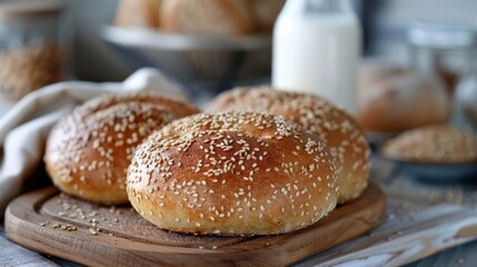 Wall Mural - Breakfast with freshly baked round sesame bread and milk