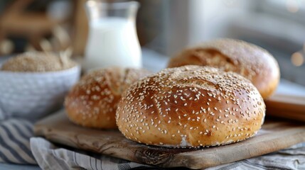 Wall Mural - Breakfast with freshly baked round sesame bread and milk