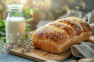 Wall Mural - Breakfast with freshly baked round sesame bread and milk