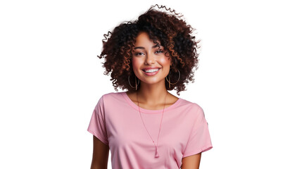 Wall Mural - Portrait of a beautiful smiling African American woman with afro hair, isolated on transparent background