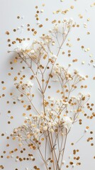Wall Mural - Holiday frame or background with gold confetti and dried white flowers. Flat lay style composition, top view. Festive beauty blog header, holiday greeting card template, copy space. Minimalist style. 