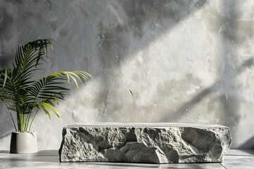 Wall Mural - Luxury Natural Rough Rock stone Podium with plant shadow on Gray wall for product placement display. template for Skin care or cosmetics scene platform - generative ai