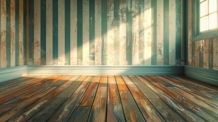 Wall Mural - nostalgic empty living room with vintage oak floor and retro striped vinyl wallpaper 3d illustration