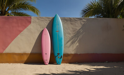 Wall Mural - Surfing board placed against wall in colorful tropical settings. Surfing equipment ready to be taken to water and enjoy a great surf session.