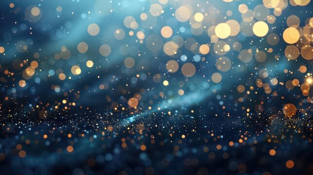 opulent dark blue background with shimmering gold particles and bokeh effect festive digital art