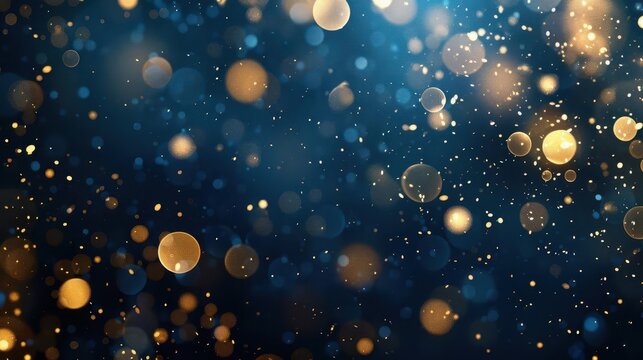 opulent dark blue background with shimmering gold particles and bokeh effect festive digital art