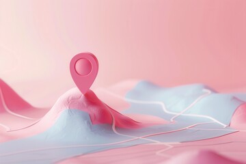 Poster - A minimalistic and clean image of a pink location pin standing on a stylized map with a modern aesthetic. Ideal for navigation apps and travel services. Generative AI