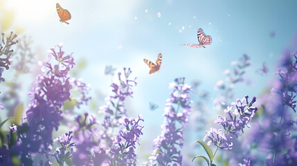 Poster - Floral spring natural blue background with fluffy airy lilac flowers on meadow and fluttering butterflies on blue sky background Dreamy gentle air artistic image Soft focus : Generative AI