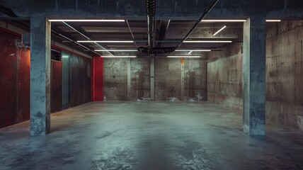 Empty industrial-style garage with concrete walls and ceiling lighting