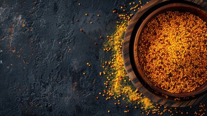 Wall Mural - Bowl of mustard seeds on textured dark surface with scattered