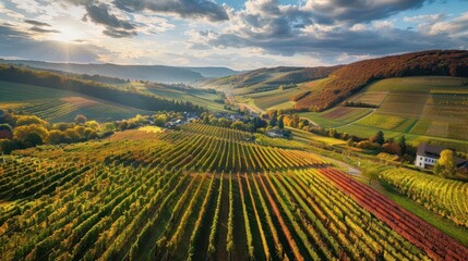 Wall Mural - picturesque aerial view of colorful vineyard landscape in rheingau germany during autumn harvest
