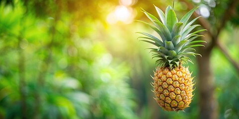 Poster - Fresh pineapple hanging on a tree branch, tropical fruit, ripe, organic, yellow, healthy, flavor, juicy, harvest, tropical