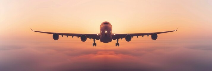 Poster - A silhouette of an airplane in flight against a beautiful sunset sky. The image is minimalistic and sleek, perfect for airlines and flight booking agencies. Generative AI