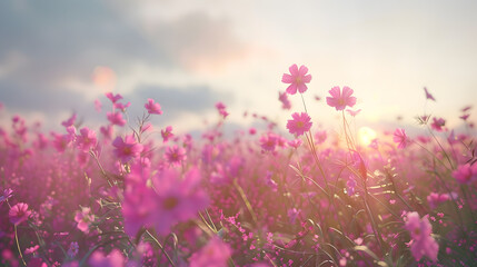 Poster - summer sunrise field of blooming pink meadow flowers : Generative AI