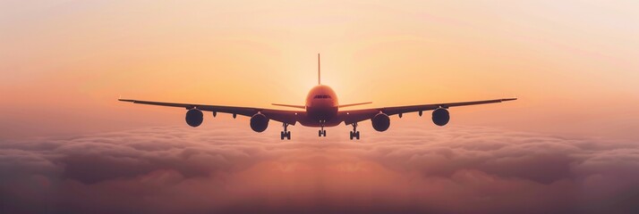 Poster - A sleek silhouette of an airplane in flight against a vibrant sunset sky. Perfect for airline or flight booking website imagery. Generative AI