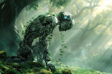 A robot is sitting in a forest with green leaves and grass