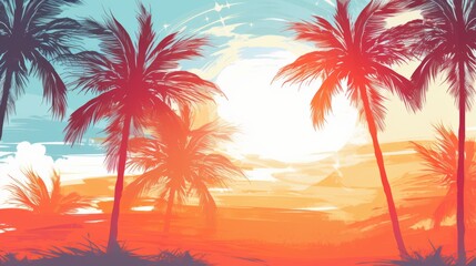 Wall Mural - Colorful illustration of a stunning sunset with vibrant shades of orange and red blending into the sky, and the silhouettes of palm trees standing against the glowing horizon.