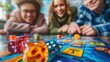 © BoOm - Group of people enjoying a fun board game. Colorful dice and game pieces on the board create a lively and engaging atmosphere.