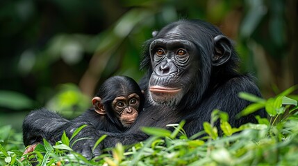 Wall Mural - A chimpanzee mother and her infant in the jungle