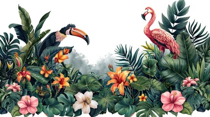 Sticker - vibrant watercolor painting of a tropical rainforest with a toucan and flamingo surrounded by lush foliage and flowers