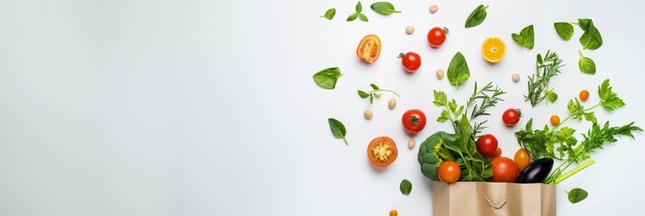  Vegetables and Fruits in Paper Bag on White Background, Copy Space for Banner. Grocery Shopping and Clean Eating Concept.