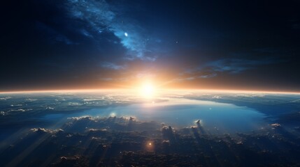 Wall Mural - Sunrise seen from space, displaying the vast expanse of Earth and its atmospheric layers with brilliant rays of light breaking through the horizon, capturing cosmic beauty.