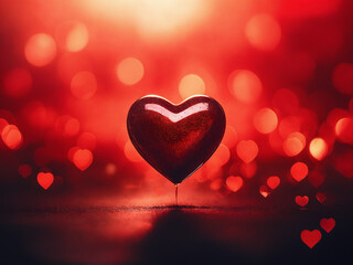 Red heart shaped ornament on wooden surface with bokeh background