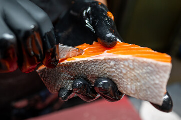 Wall Mural - Close-up of a hand in black gloves slicing fresh salmon, highlighting the texture and freshness of seafood