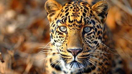 Wall Mural - A stunning close-up of a leopard's face, with its piercing green eyes, and a soft, out-of-focus background.