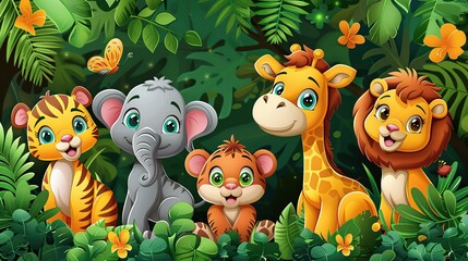 Wall Mural - Cute cartoon tiger, elephant, giraffe, and lion in the jungle. Vector illustration.