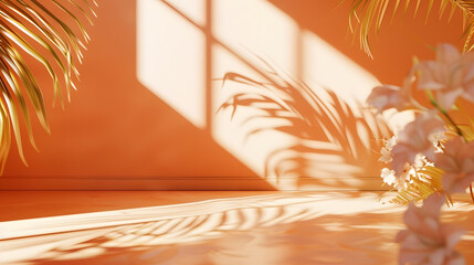 Aufkleber - Trendy Color of the Year 2024 peach fuzz Orange studio background for product presentation Empty room with shadows of window and flowers and palm leaves  3d room with copy space Summer : Generative AI