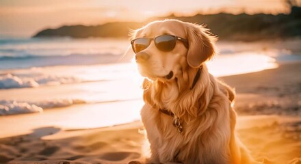 Wall Mural - golden retriever dog wearing sunglasses on the beach at sunset