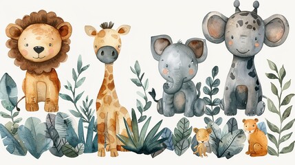 Wall Mural - Watercolor illustration of cute baby animals including a lion, giraffe, and elephant with tropical leaves and foliage.