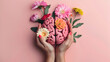 © Generative AI - Hands holding paper head human brain with flowers self care and mental health concept positive thinking : Generative AI
