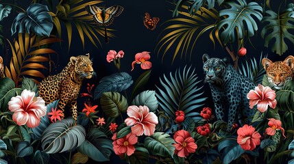 Wall Mural - Vibrant tropical leaves and flowers with two leopards and butterflies in the jungle at night.