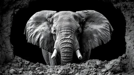 Elephant in the cave. Elephant in the dark. Elephant in the hole. Black and white image of an elephant.