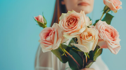 Wall Mural - Woman with bouquet of beautiful roses on light blue background closeup : Generative AI