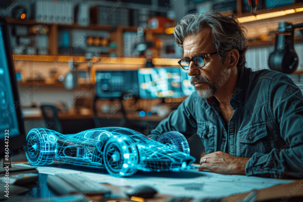 An engineer meticulously examines a detailed model and blueprints of an innovative hydrogen fuel cell vehicle, bringing the future of sustainable transportation to life