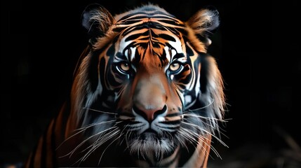 Wall Mural - A closeup portrait of a tiger, with a black background. The tiger is looking at the camera with its eyes wide open. Its fur is orange and black, with white stripes on its face.