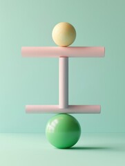 Wall Mural - A green and pink ball is balanced on top of two pink cylinders