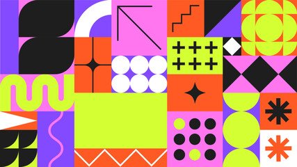 Wall Mural - geometric bright colour pattern print background, bauhaus shapes pattern, bauhaus neo brutalism abst