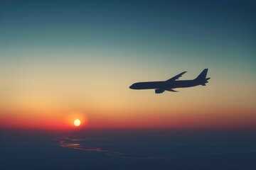 Poster - A sleek silhouette of an airplane flying in the sky during sunset, with a bright sun in the distance. Generative AI