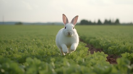 A joyful white rabbit hopping through a lush green field. 